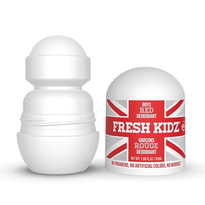Fresh Kidz Roll On Deodorant for Kids and Teens - Baking Soda and Aluminum-free 24 Hour Protection for Sensitive Skin - Boys "Red" 1.86 fl.oz.