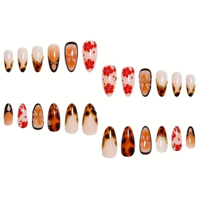 Flower Press on Nails French Tip Fake Nails Leopard Print Glue on Nails with Gold Design Medium Almond False Nail Glossy Full Cover Brown Stick on Nail for Women Girls Manicure 24Pcs