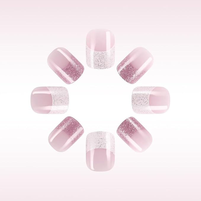 French Tip Flower Press on Nails Short Square Spring Fake Nails Small Flowers Glue on Nails Full Cover Stick on Nails with Glitter Design Acrylic False Nails Spring Summer Artificial Nails for Women