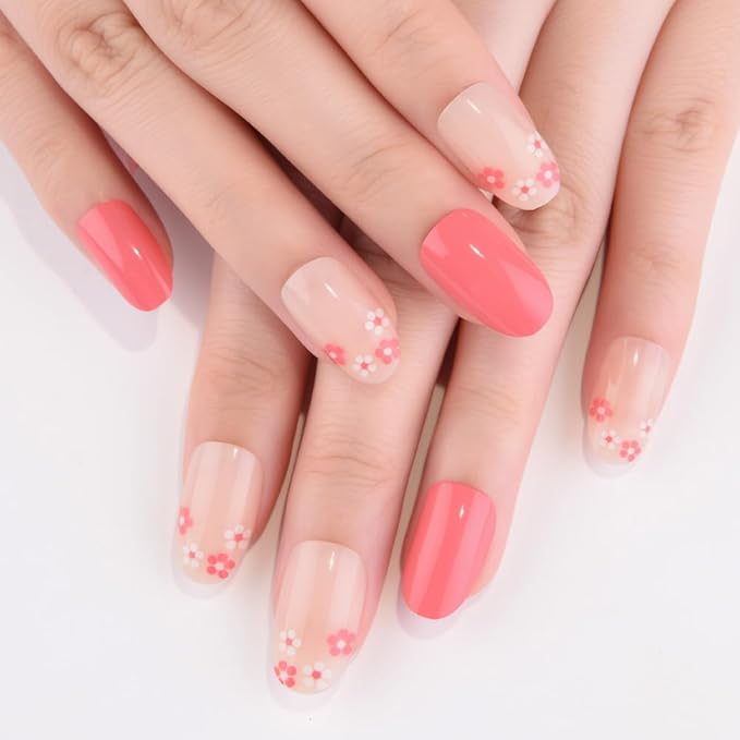 evpct Press on Nails Oval Short, Nude Rose Red Press on Fake Nails with Floral Designs Reusable Stick on Nails for Gift, Soft Gel Press Glue On False Nail 2 Colors in 1 Supremely Fit Full Cover 24Pcs