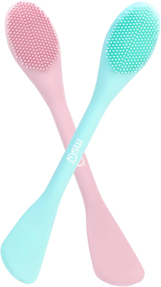 MSQ Silicone Face Mask Brush, Soft Facial Cleansing Scrubber, 2 Pack Double-End Facial Mask Brush for Mud, Clay, Charcoal Mixed Mask, DIY, Skincare Applicator Tools (Pink)