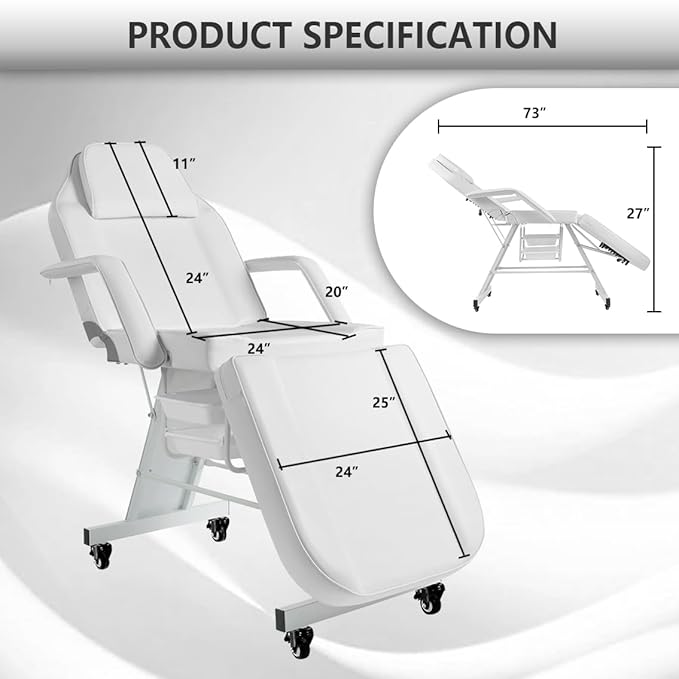 Facial Chair with Wheels Tattoo Chair 73inch Adjustable Tattoo Bed for Client Massage Table with Stool Massage Table Facial Bed for Spa Beauty Esthetician White