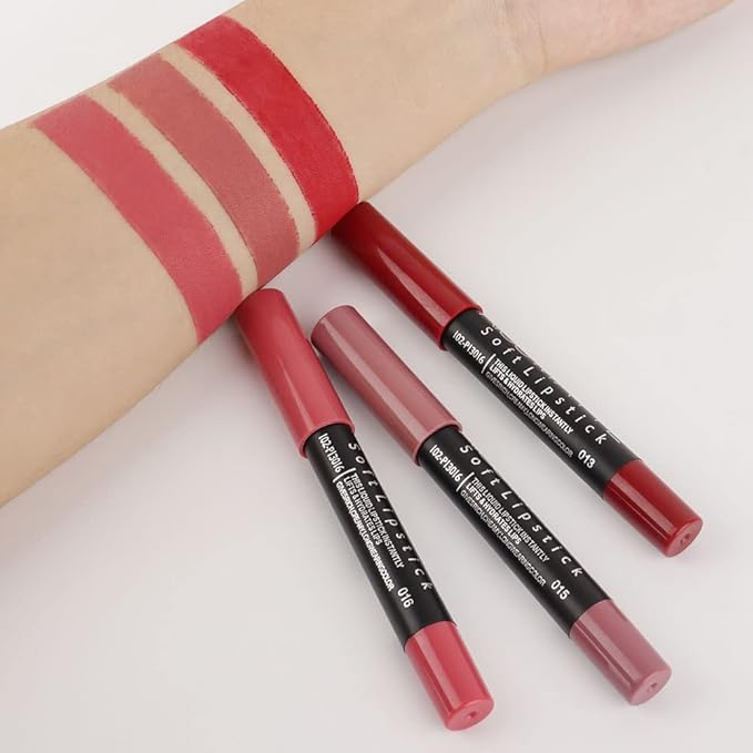 evpct 3Pcs Rub Red Rose Mauve Pink Matte Lipstick Lip Crayon Liner Pencil Pen Makeup Set Matte Lipstick and Lip Liner Set 24 Hour Waterproof labiales mate 24 horas originales 13&15&16