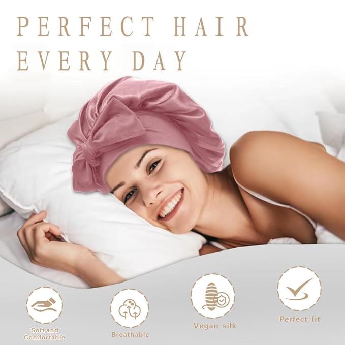 Silk Bonnet for Sleeping Women，hair bonnet for sleeping Silk Night Cap for Curly/Natural Hair Skin pink,Large
