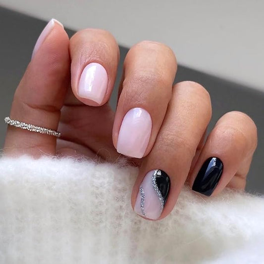 Press on Nails Short Square, Light Pink Fake Nails Kit with Obsidian Line Designs, Glossy Acrylic Press on Nails, Thick Reusable Glue on Nails Short Press on Nails for Women, Obsidian Line