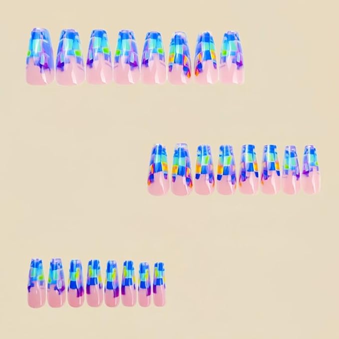 Coffin Long Presson Nails with Design Fake Nails Blue False Nails for Women and Girls 24pcs
