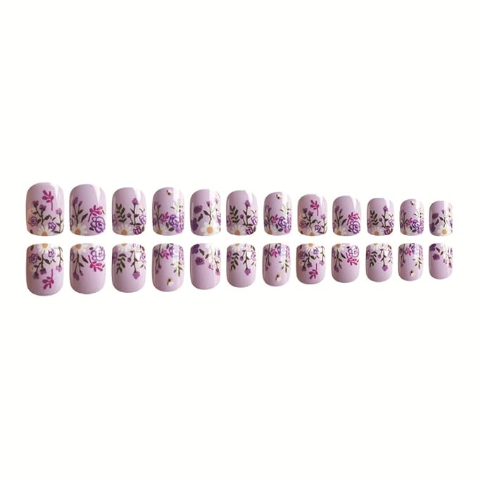 Short Square Press on Nails Purple Flower Fake Nails with Glossy Designs Cute Glue on Nails Full Cover Acrylic Nails Spring Summer False Nails Reusable Stick on Nails for Women Nail Art Decor 24pcs