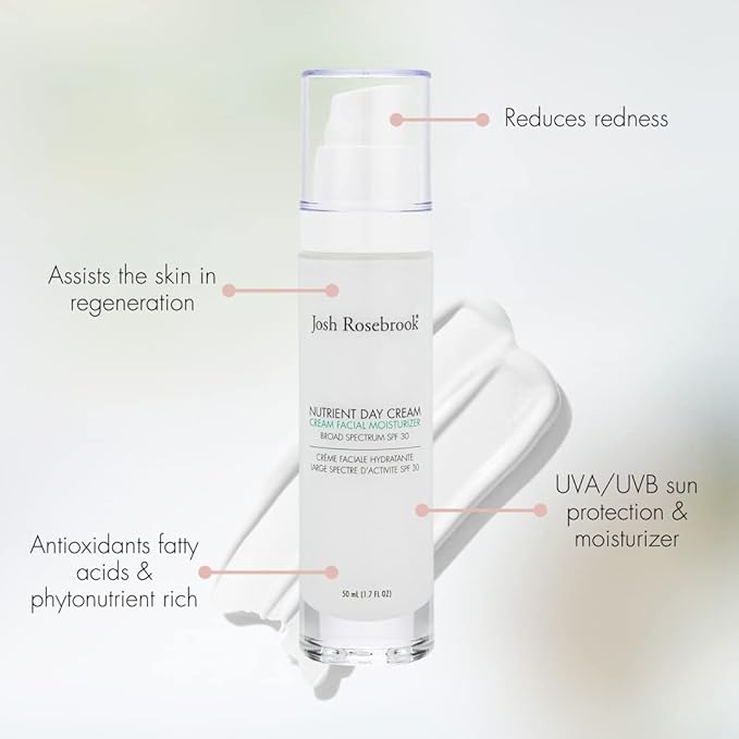 Josh Rosebrook Nutrient Day Cream - Regenerating Facial Moisturizer, High Protection Broad Spectrum Sunscreen SPF 30, Reef Safe - 50mL - 1.7 Oz