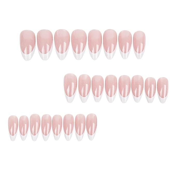 French Tip Fake Nails Almond Press on Nails Nude Pink Cat Eye Acrylic False Nails Press ons Glossy Nature Artificial Nails with White Glitter Designs for Women Girls Manicure Decoration 24Pcs