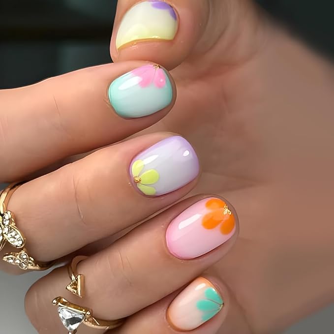 Square Press on Nails Short Fake Nails Colorful Artificial Nails Full Cover Acrylic Press on Nails with Glitter Petal Designs False Nails Cute Stick on Nails for Women Girls Nail Art Decoration 24PCS