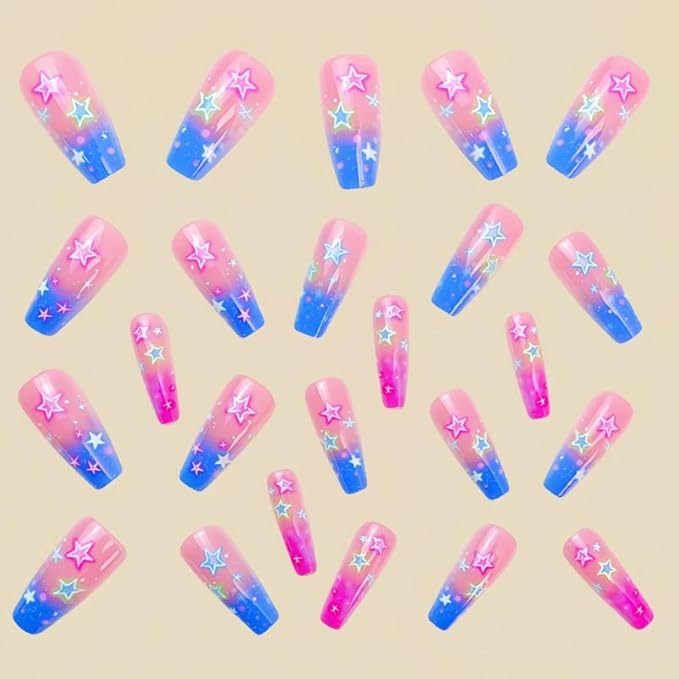 Long Press on Nails Coffin Shape with Stars Design Fake Nails Hot Girl Glue on Nails for Prom and Party Gift for Women 24pcs