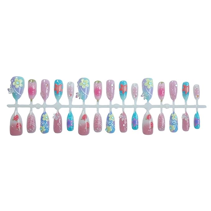 24Pcs Pink Flower Press on Nails Medium Almond Fake Nails with 3D Gold Shell Pearl Design Colorful French Tip False Nails Full Cover Artificial Glue on Nails Summer Beach Stick on Nail for Women