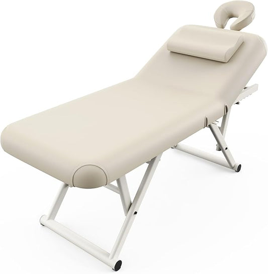 pouseayar Adjustable Massage Table with Face Pillow & Headrest, Sturdy and Solid, Silent and Easy to Adjust - Adjustable Backrest, Electric Leg Lifting, Beige Gray