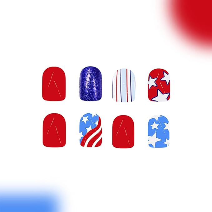 Independence Day Press on Nails Kit - Short Square Fake Nails with Five-Pointed Star Glitter Design,Glossy 4th of July False Nails Cute French Nails American Flag Manicure Art for Women 48Pcs
