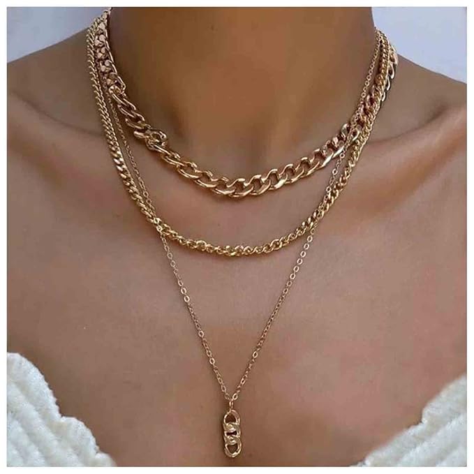 Punk Layered Necklace Choker Gold Cable Chain Necklace Vintage Chain Drop Necklace Multi Layer Necklace Set Jewelry for Women and Girls Gifts