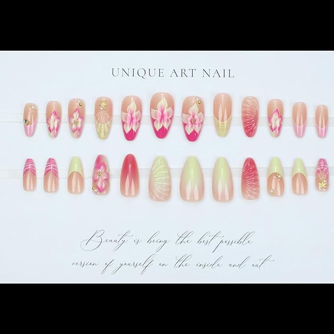 24Pcs Pink Flower Press on Nails Medium Almond French Tip Fake Nails 3D Summer Floral with Gold Starfish Press Ons Cute Stick on Nails Ocean Beach False Nails Glue on Nails for Women Acrylic Nails