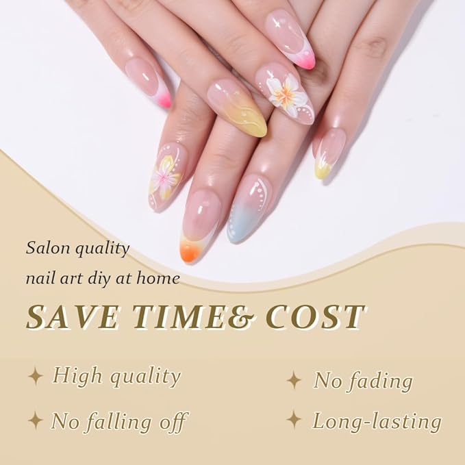 Handmade 3D White Flower Colour French Tips Press On Nails Short Medium Oval, Floral Yellow French Tip Designer Reusable Acrylic Fake Nails With Cute Glue On Nails, Daily Wear Nails For Women
