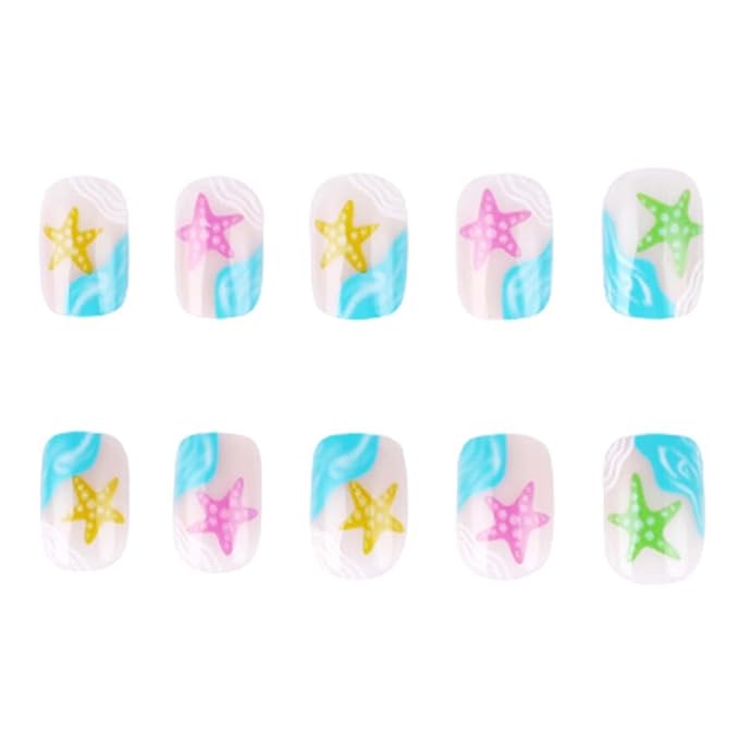 Summer Press On Nails Square Fake Nails Sea With Starfish Design Short False Nails Artificial Acrylic Nails Full Cover Glue On Nails Glossy Stick On Nails For Women Holiday Manicure 24pcs