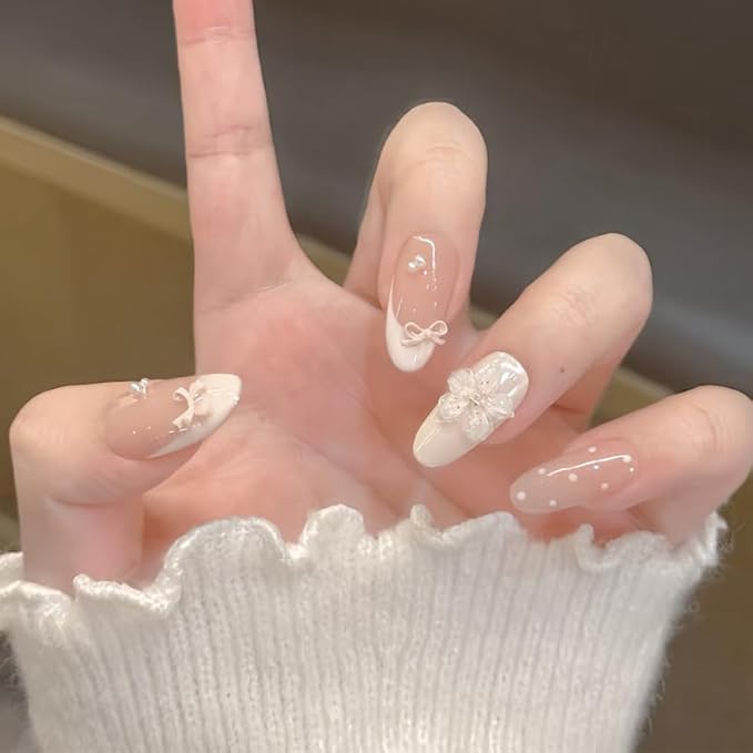 Long Almond Press on Nails Nude Elegant Fake Nails Girly Style with Floral Polka Dots Stick on Nail for Women 24pcs