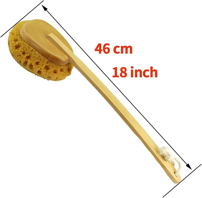 18" 2pcs Extra Long Handle Beechwood Bath Brush for Shower with Sponge - Exfoliating & Massaging Back Scrubber Bath Brush Gentle Exfoliating Lotion Applicator