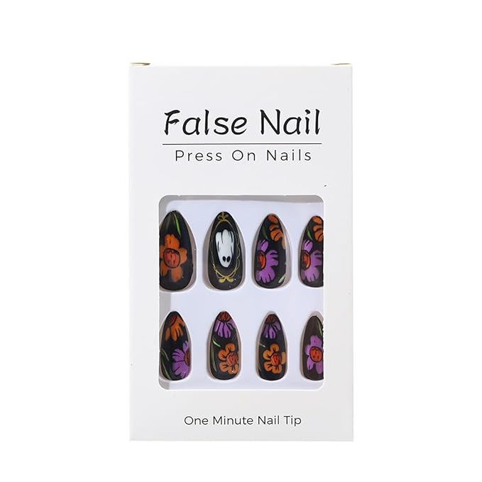 24Pcs Halloween Press on Nails Medium Almond Fake Nails Spooky Graffiti Skull Flower Ghost Design Full Cover Glitter Stick on Nails Dark Black False Nails for Women Acrylic Holiday Nail Decorations