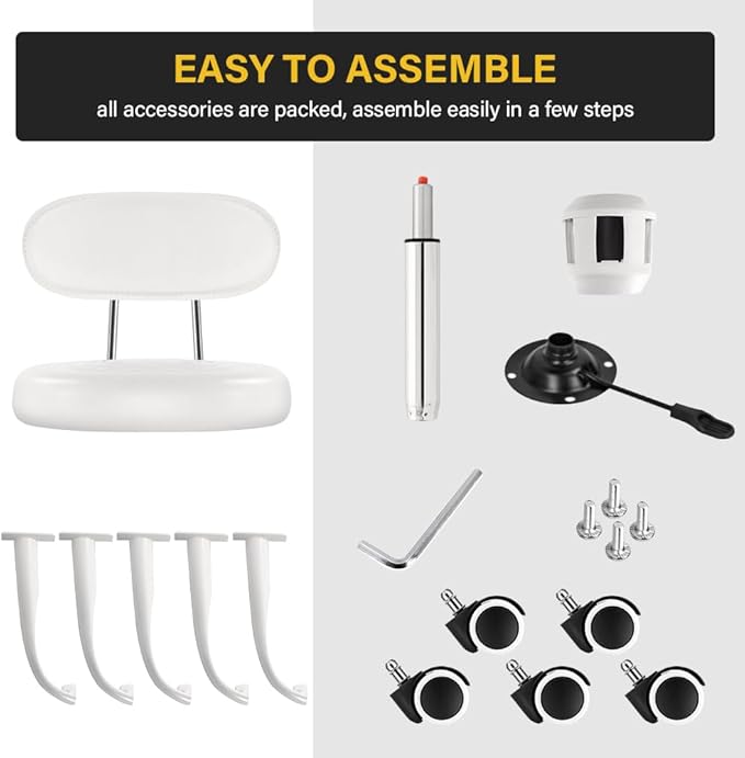 Rolling Stool with Wheels Swivel Stool with Back Height Adjustable Chair PU Leather Rolling Chair Ideal for SPA Salon Home Office Drafting Work (White)