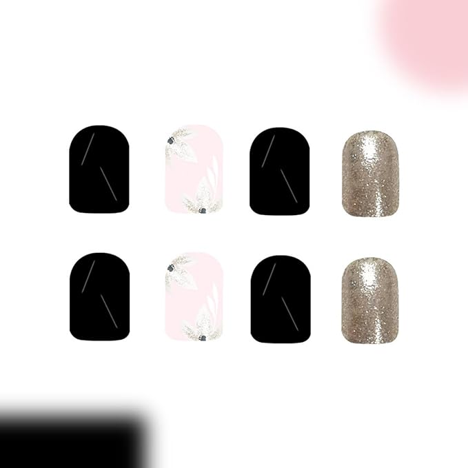 Flower Press on Nails Short Square Fake Nails with Designs Glitter False Nails Black Glossy Full Cover Shiny Acrylic Nails Summer Glue on Nails Cute Artificial Stick on Nails for Women Manicure 24 Pcs