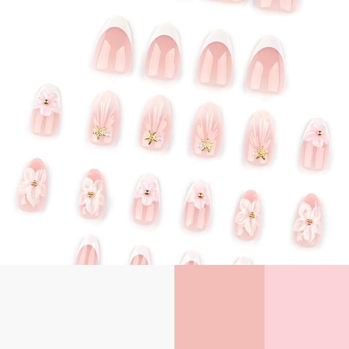 White Flower Press On Nails short, 24pcs Almond French Fake Nails with 3D Floral Design, Pearl & Starfish Decor, Glossy Nude Acrylic Stick On Nails Kit for Women Girls Manicure