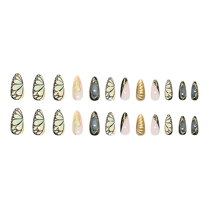 Green Gradient Butterfly Press on Nails Medium Almond Fake Nail Dark False Nail 3D Ripple Glue on Nails Gold Irregular Lines Acrylic Nail Summer Stick on Nails for Women Manicure 24Pcs
