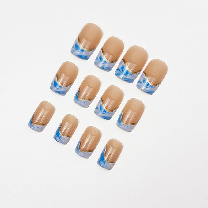 Gold Press on Nails Short Square Fake Nails Blue French Tip False Nails Wave Glossy Full Cover Acrylic Nails Summer Glue on Nail Artificial Cute Stick on Nail for Women Manicure 24Pcs
