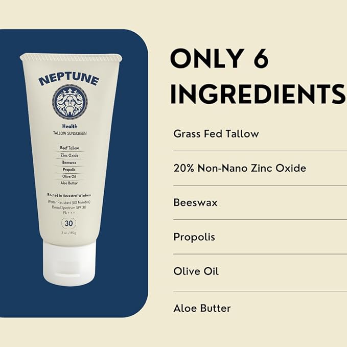 Neptune Non-Toxic Sunscreen - Grass Fed Beef Tallow, Zinc Oxide Mineral Based Sunscreen with Propolis for Skin Healing and Moisturization