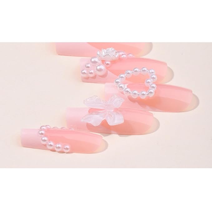 Pink Fake Nails Bow False Nails Full Cover Acrylic Square Medium French Flower Fake Nails for Women and Girls 24PCS
