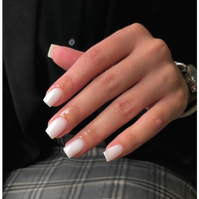 All White Press On Nails Short Square Nails Press on Acrylic Nails for Women, KQueenest Solid Color Glue on Nails Short Fake Nails for Girls Thick Press on Gel Nails Petite Come-Ready Glazed Nails