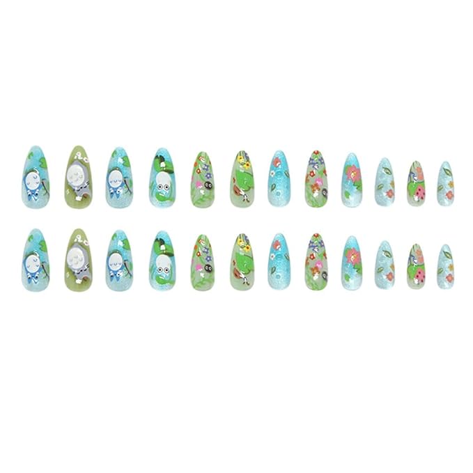 24Pcs Flower Press on Nails Medium Almond Cartoon Fake Nails with Refreshing Summer Leaves Design Autumn Winter Full Cover Artificial Glue on Nails Handmade Stick on Nails for Women DIY