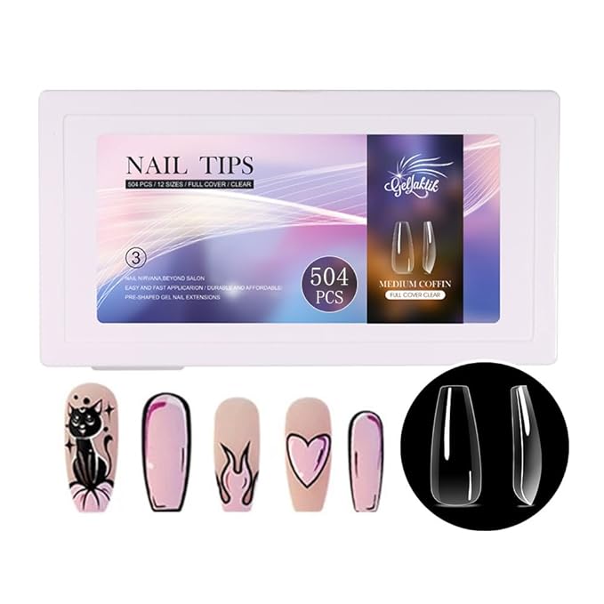 Medium Coffin Nail Tips 504PCS, Clear Acrylic Full Cover Gel Press on Nail Tips for DIY, 12 Sizes Pre-Shaped False Nails with Glossy Finish, Professional Manicure Kit & Easy Application