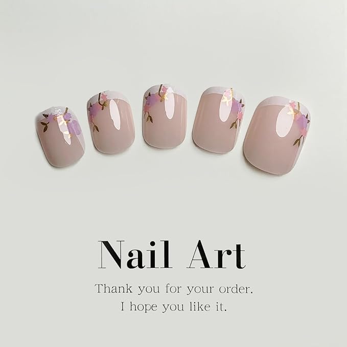 French Tip Nails - Short, Square, Flower Acrylic Nails, Gold Leaf, Squoval, Glossy, Nude, Nature, Stick On, 24 Pcs