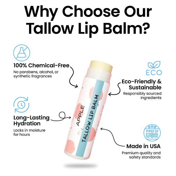 Tallow Lip Balm by Cattle Creek – Organic, All-Natural Ingredients, Long-Lasting Moisture and Hydration for Dry, Cracked, and Chapped Lips, Soothing Formula for Soft Skin (Pack of 3, Apple)