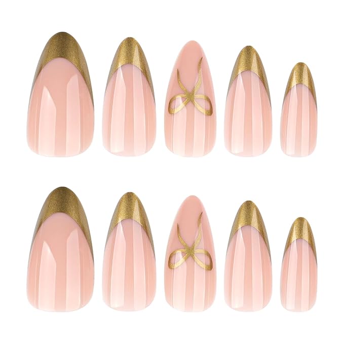 Gold French Tip Press on Nails Almond Medium Fake Nails Bow Glue on Nails Reusable Full Cover Gold Nail Tips Stick on Nails Glossy Nude Pink Acrylic Nails Press ons False Nail for Women Manicure 24Pcs