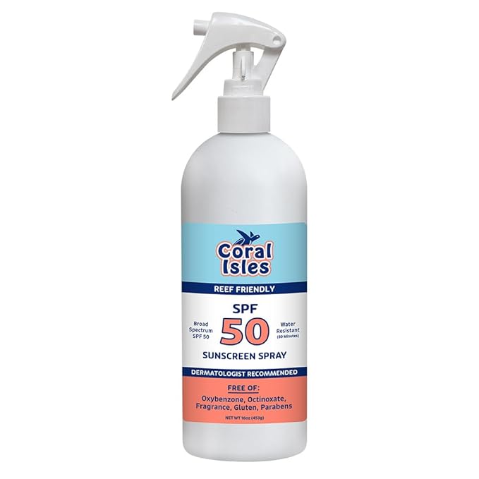 Coral Isles by Rocky Mountain Sunscreen | SPF 50 Spray | Broad Spectrum UVA/UVB Protection | Hawaii Reef-Safe Act Compliant | Oxybenzone & Octinoxate Free | Water Resistant 80 Min. | 16 Fl Oz