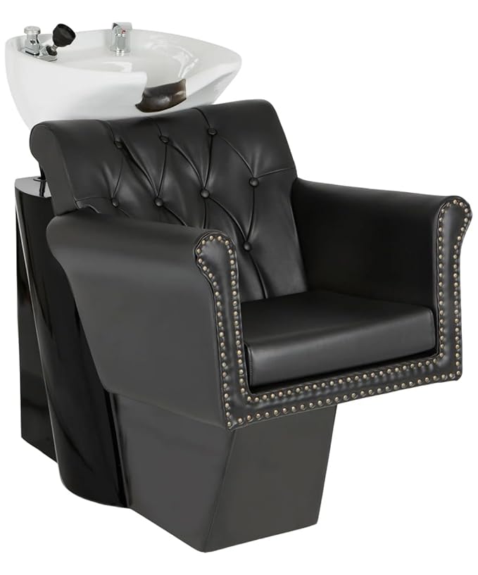 Buy-Rite Chelsea Backwash Station - Black Tufted Chair, White Tilting Porcelain Sink, Nailhead Trim, Removable Cushion, Faucet, Hose & Vacuum Breaker, NIN-9902BW