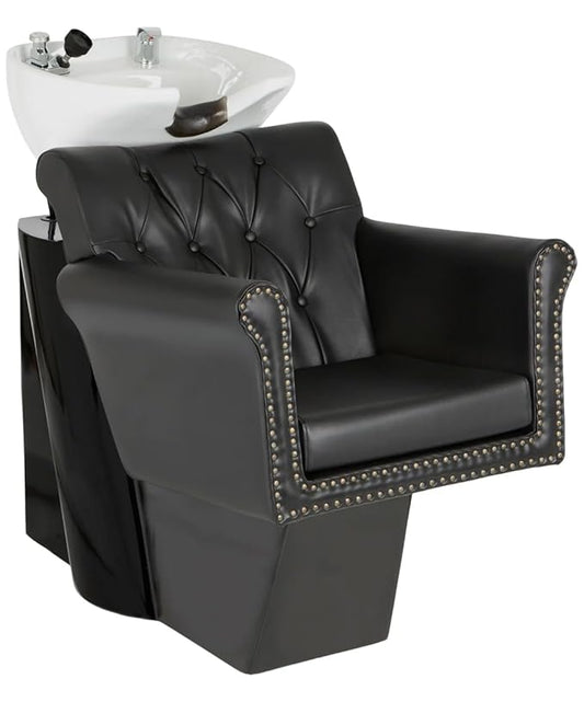 Buy-Rite Chelsea Backwash Station - Black Tufted Chair, White Tilting Porcelain Sink, Nailhead Trim, Removable Cushion, Faucet, Hose & Vacuum Breaker, NIN-9902BW