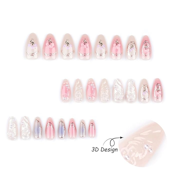 24Pcs Handmade Press on Nails Almond Medium Fake Nails with 3D Flower Butterfly Pearls Charms Designs Glue on Nails French False Nails Almond Shape Acrylic Nails Cute Bow Stick on Nails for Women