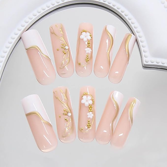 RikView Coffin Press on Nails Long Fake Nails with 3D Flowers Design Golden Nails Glossy Full Cover Nails for Women 24 PCs/Set