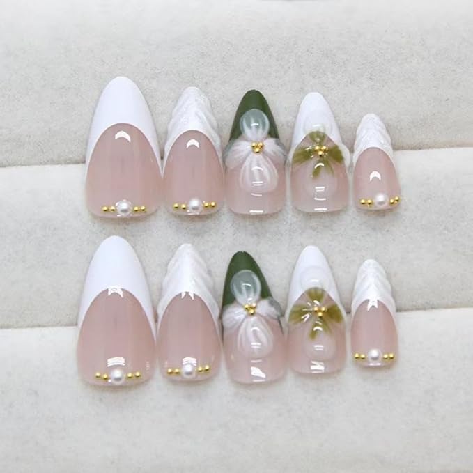 Flower Press on Nails Green Fake Nails Medium Almond False Nails with Pearl Design White French Tip Glue on Nails Glossy Artificial Acrylic Full Cover Nude Stick on Nails for Women Manicure 24Pcs