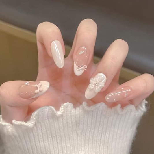 Long Almond Press on Nails Nude Elegant Fake Nails Girly Style with Floral Polka Dots Stick on Nail for Women 24pcs