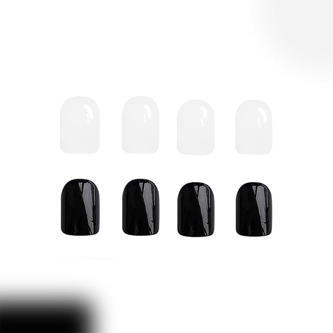 2 Packs 48Pcs Press on Nails Short Square Fake Nails Black White Acrylic Nails Solid Color False Nails Glossy Glue on Nails Reusable Artificial Nails Stick on Nails for Women Girls Nails Decoration