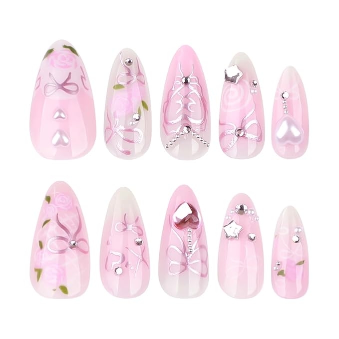 Pink Press on Nails Long Almond Fake Nails Rose Flower Bow with Pearl Design Star Rhinestone False Nails Gradient Stick on Nail Full Cover Acrylic Glue on Nail for Women DIY Salon Manicure Kit