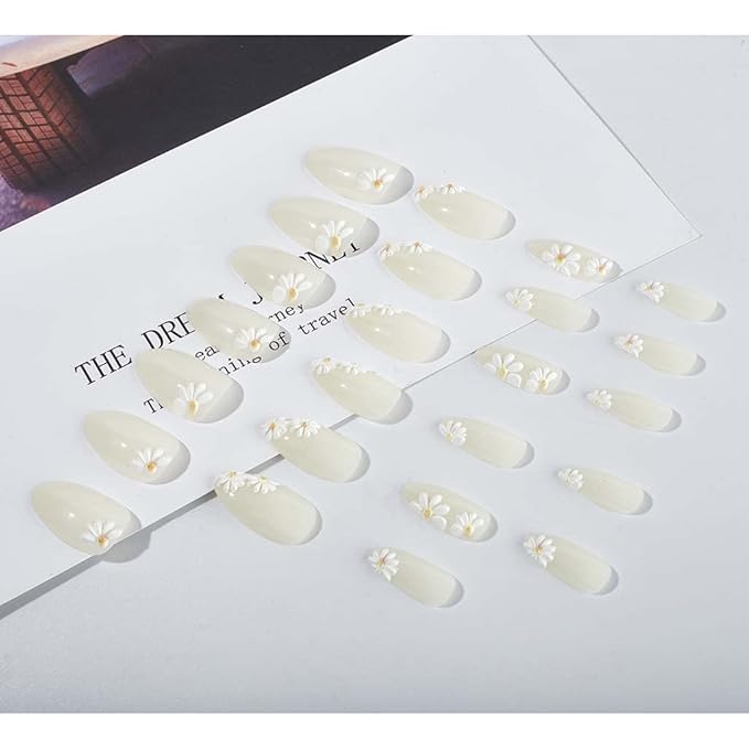RikView White Almond Press on Nails Medium Fake Nails Nude Stick on Nails Embossed Nails with Daisy Design