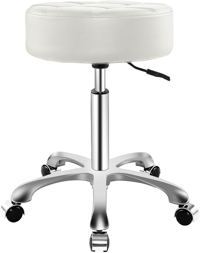 Rolling Stool with Wheels, Thick Cushion Heavy Duty Esthetician Hydraulic Chair Stool for Work Medical Tattoo Salon Office (White)
