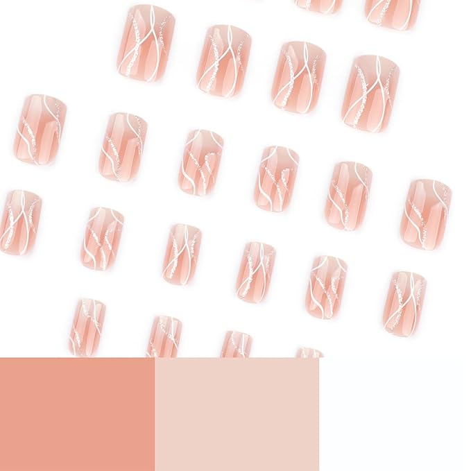 Medium Press on Nails Square Fake Nails Gradient Pink Stick on Nails White Wave Line Acrylic Nails with Silver Designs Full Cover Glue on Nails Reusable Nude False Nails for Women Girls Nail Art Decor